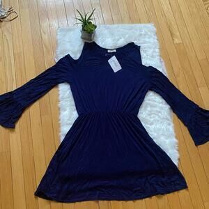 Women's Navy Blue Long Sleeve Dress with Cold Shoulder Detail, Size XL